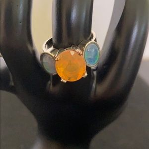 Ring w/ Faceted Fire Opal and Two Cabochons